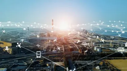 An industrial area overlaid with a digital network