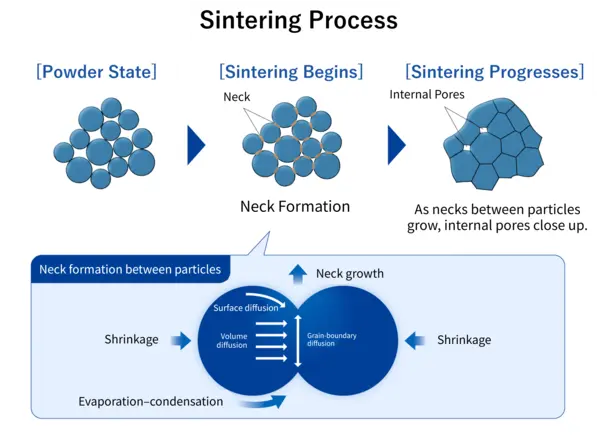 Sintering process diagram showing metal powder particles bonding by diffusion; the bonding neck grows, increasing density and forming a more compact structure.