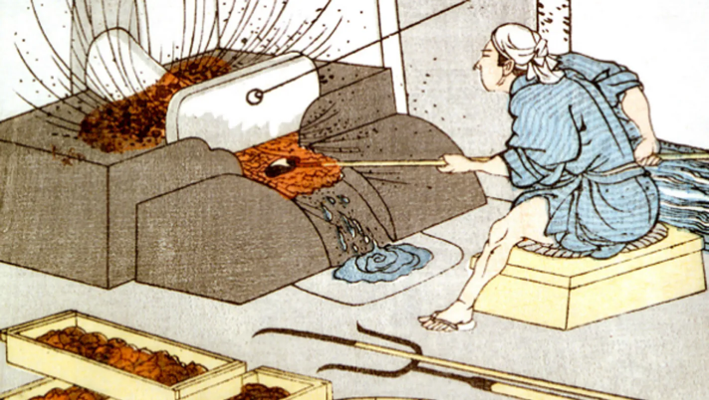 A visual of Edo-period ironmaking, showing a craftsman in a blue kimono and white tenugui working with a long rod before a hot furnace