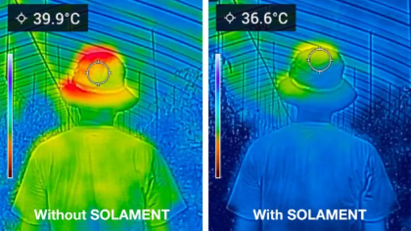 A visual comparing clothing surface temperature between a greenhouse using SOLAMENT™ and a conventional greenhouse