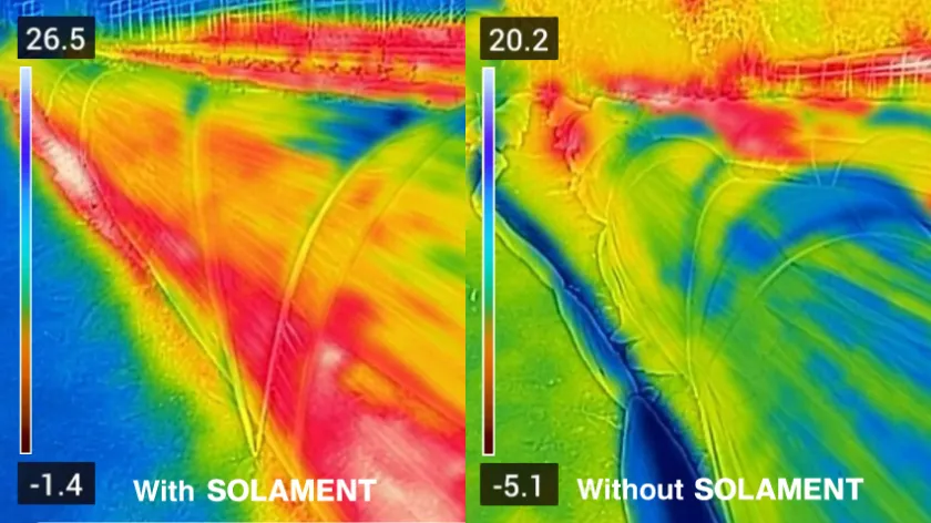 A visual showing the temperature difference between tunnel cultivation using SOLAMENT™ heat-blocking shade nets and conventional tunnels