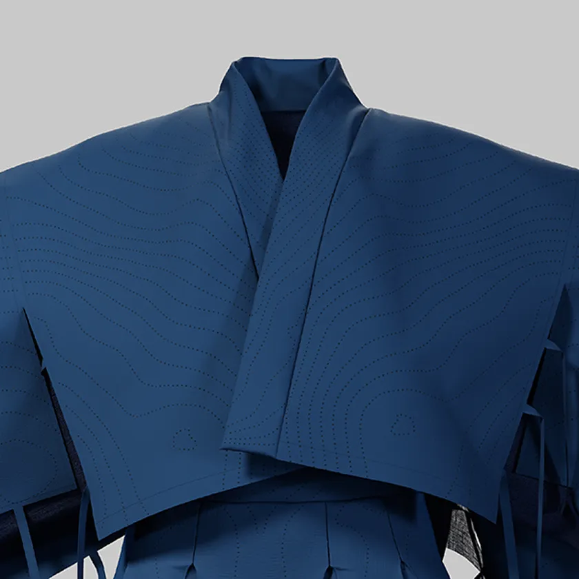 Upper-body close-up of HOPE WEAR for Culture, showing an air‑intake breathable structure across the deep navy punching fabric.