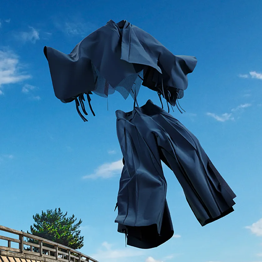 Image visual of a deep navy HOPE WEAR for Culture top-and-bottom set floating in a blue sky, showing heat‑blocking comfort for traditional Japanese wear in summer.