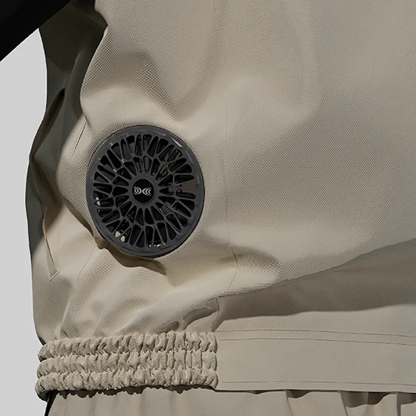 Close-up of the waist of a beige fan-equipped vest of HOPE WEAR for Farm Type A, an agricultural workwear with black cooling fans built in.